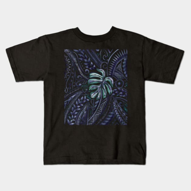 Blue Jungle Grunge - Hawaiian - Samoan - Polynesian Leaf Design Kids T-Shirt by Nalu Threads